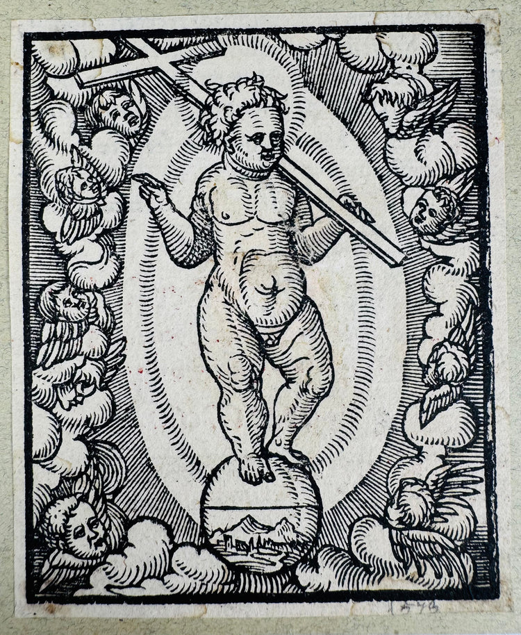 German devotional woodcut showing Christ carrying the Cross of Redemption within a radiant mandorla.