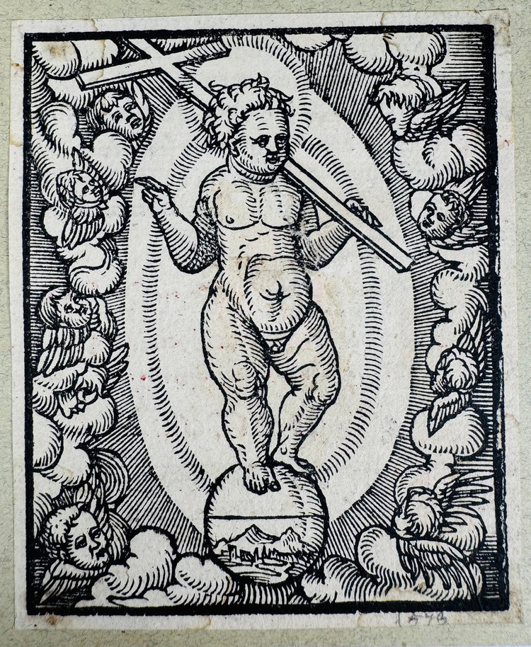 German devotional woodcut showing Christ carrying the Cross of Redemption within a radiant mandorla.