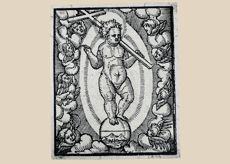 Northern Renaissance woodcut depicting the Christ Child as Salvator Mundi standing upon the terrestrial orb, Germany, circa 1560–1580 CE.