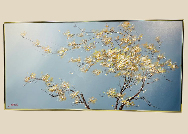 Original oil painting on canvas by Roland Patros, depicting a blossoming tree with delicate white and yellow flowers on twisting branches against a soft gradient blue background, mid–late 20th century.