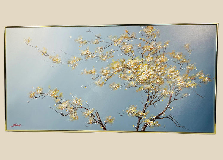 Original oil painting on canvas by Roland Patros, depicting a blossoming tree with delicate white and yellow flowers on twisting branches against a soft gradient blue background, mid–late 20th century.