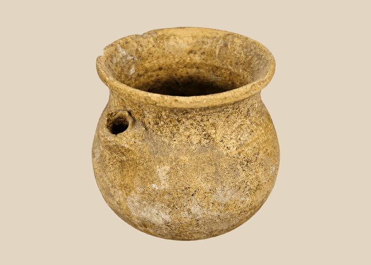 Ancient Roman terracotta vessel with pierced side lug and aged patina, Roman Imperial Period