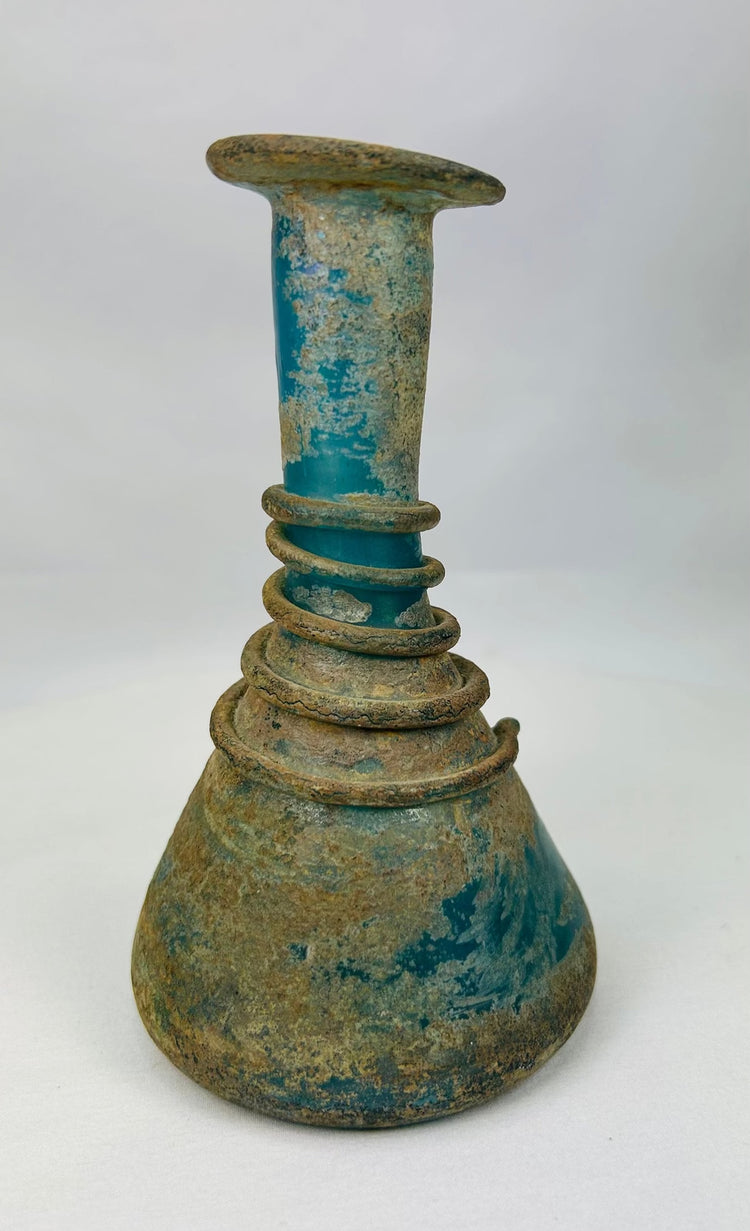 Ancient Roman perfume and oil vessel featuring rare applied spiral ring detail