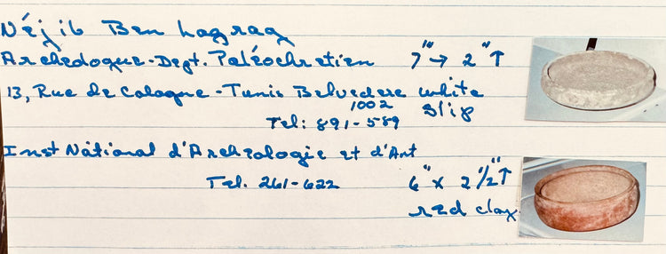 Original handwritten collection inventory card documenting the Roman North African terracotta bowl from the McMillan Collection.