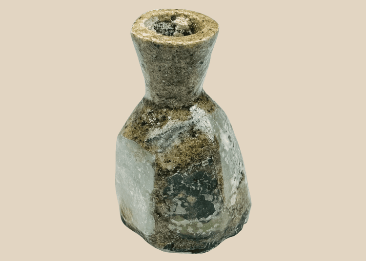 Ancient Roman green glass unguentarium with heavy iridescence and mineral deposits
