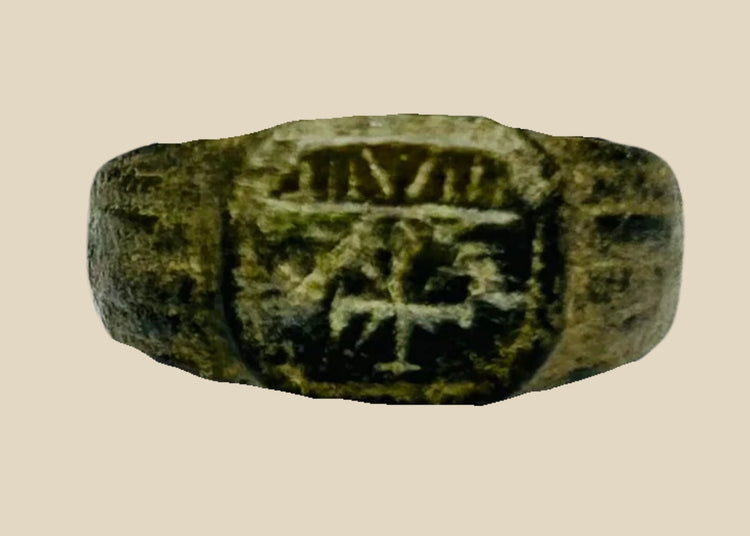 Roman ring engraved with Chi-Rho Christogram, early Christian symbol, bronze or base metal, 1st–4th century CE, showing fine Roman craftsmanship and preserved patina.