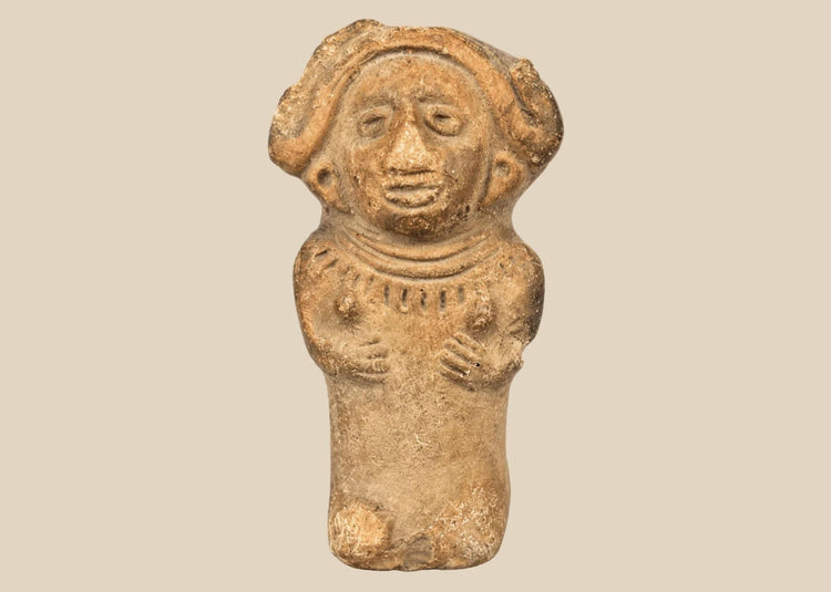 Ancient Veracruz terracotta seated female figurine with flaring headdress, circa 600–900 CE