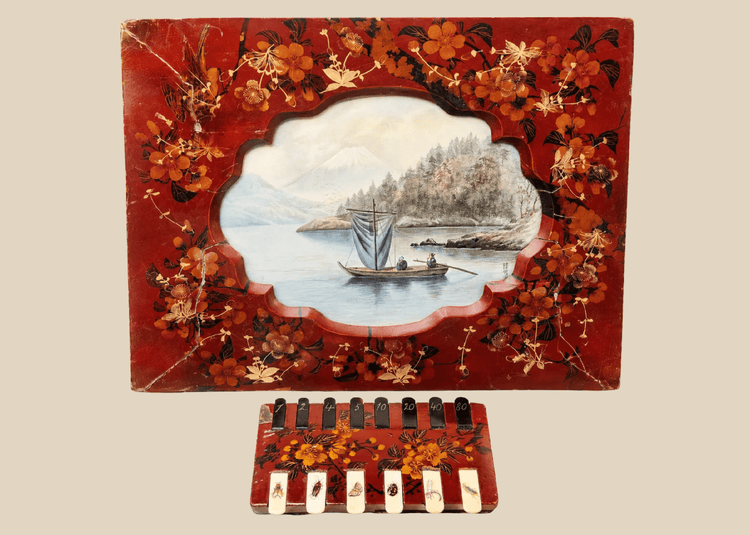 Japanese lacquer framed painting with Mount Fuji scene and Shibayama whist counter