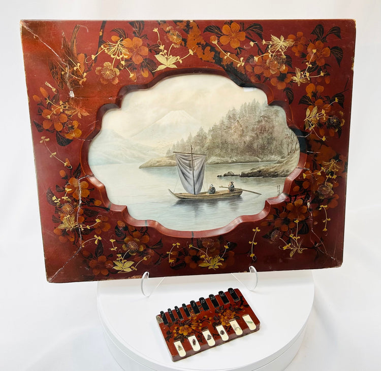 Meiji period Japanese lacquer artwork with gilt frame and insect motif counter