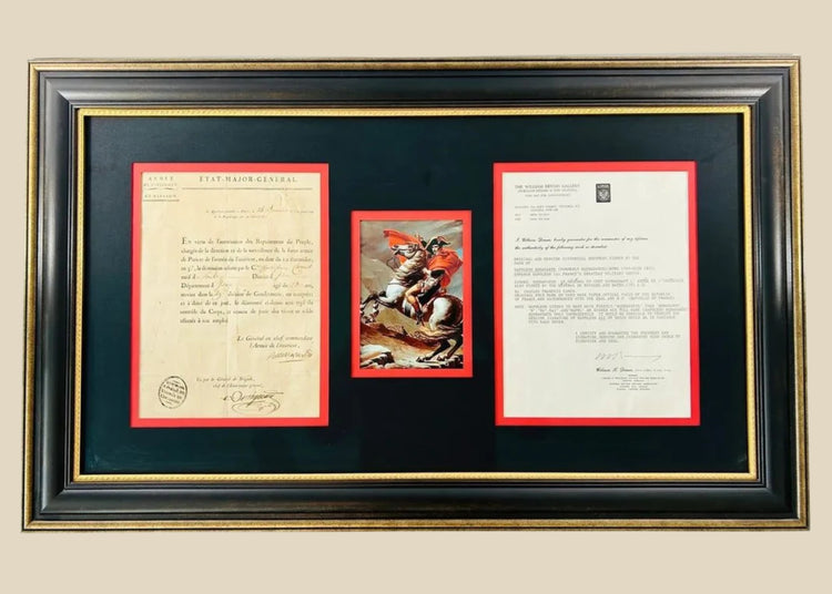 Framed 1795 signed letter by Napoleon Bonaparte, written as “Buonaparte” during his early military career as Commander-in-Chief of the Army of the Interior, displayed with historical correspondence and artwork in museum-quality presentation.