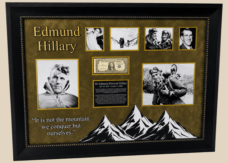 Framed display of Sir Edmund Hillary’s authentic signature on a US $1 banknote, professionally mounted with archival backing and glass, including photographic and illustrative elements commemorating his Everest ascent.