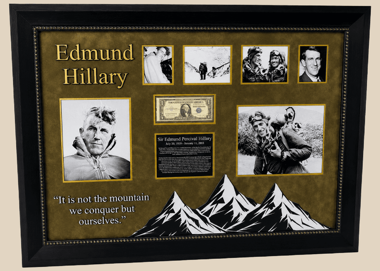 Framed display of Sir Edmund Hillary’s authentic signature on a US $1 banknote, professionally mounted with archival backing and glass, including photographic and illustrative elements commemorating his Everest ascent.