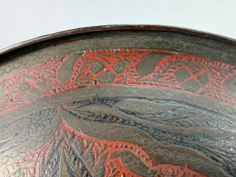 Small Mughal-style Dhal shield with four raised bosses and intricate lacquered steel surface decoration