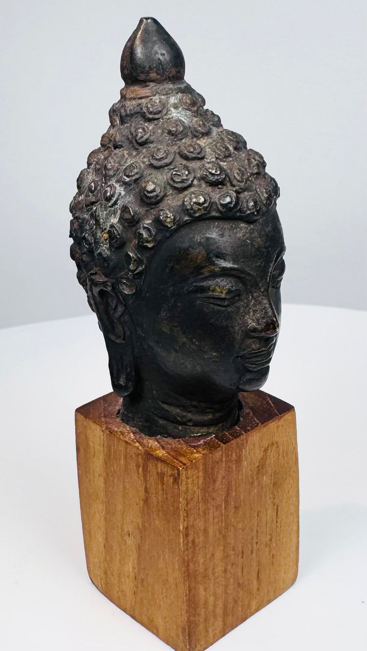 Antique Buddhist bronze head with peaceful facial features and symbolic ushnisha