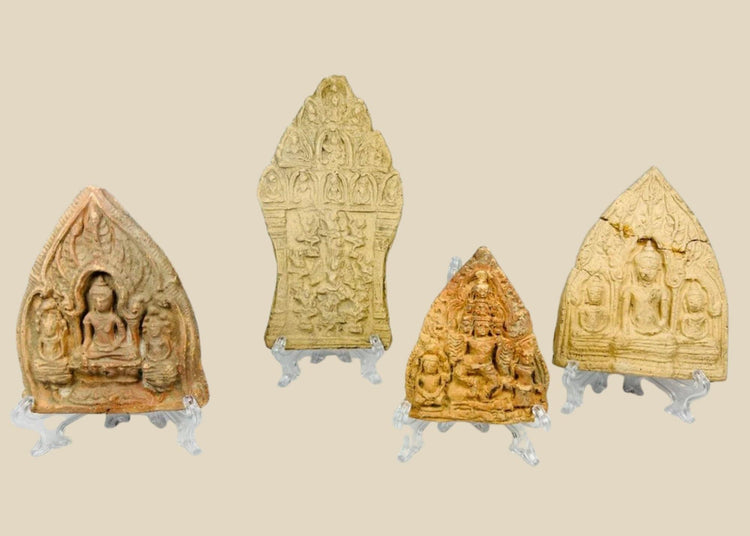 Collection of Southeast Asian terracotta Buddhist plaques, 14th–18th century CE, depicting Buddha and Bodhisattvas with floral and architectural motifs.