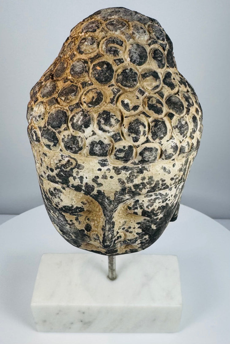 Southeast Asian Buddha head sculpture showing aged stone surface and surviving pigment