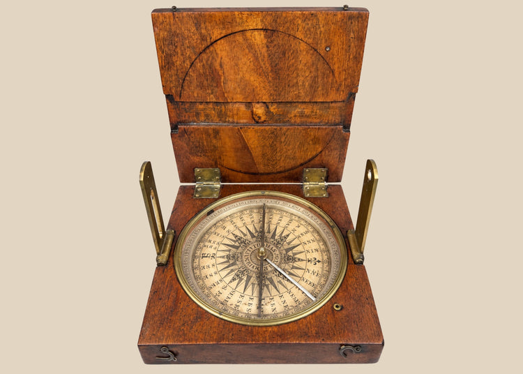 Mid-19th century British alidade compass in walnut case, silvered degree ring, and paper label, crafted by Thomas Jones of Liverpool, 6.1 x 6.1 inches closed, used for surveying and navigation.