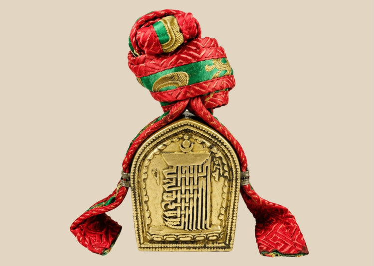 Antique Tibetan gau amulet box, 19th–20th century Himalayan Buddhist shrine with brass repoussé script, original embroidered red-green pouch and strap