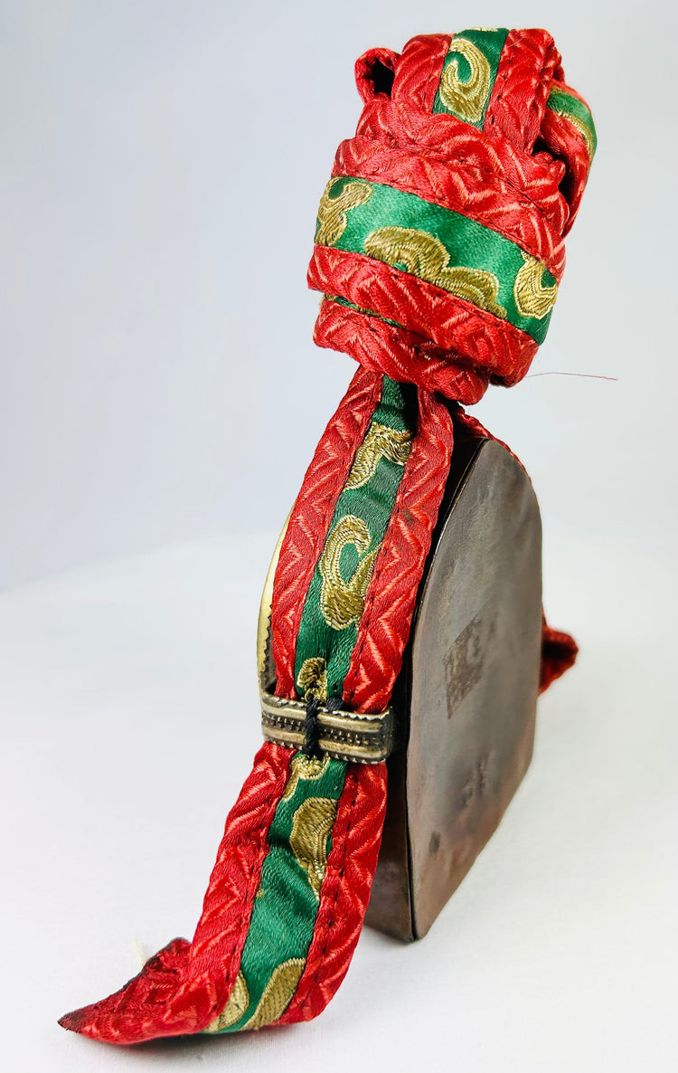 Himalayan Tibetan gau amulet box with brass inscriptions and traditional fabric carrying case