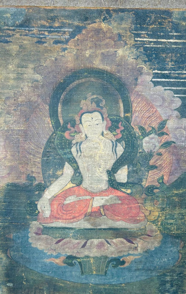 Antique Tibetan Buddha painting with lotus throne and silk brocade mount