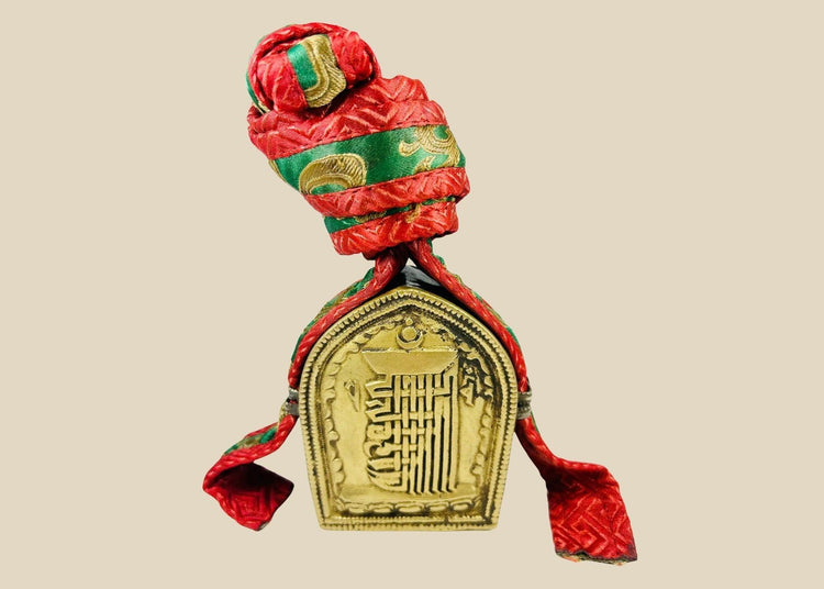 Antique Tibetan gau amulet box, 19th–20th century Himalayan Buddhist shrine with brass repoussé script, original embroidered red-green pouch and strap