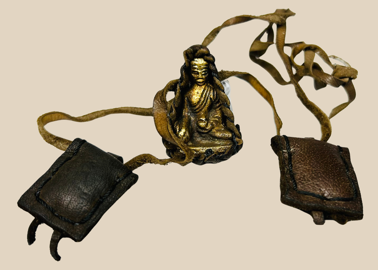 Tibetan portable Gau shrine amulet with leather travel pouch