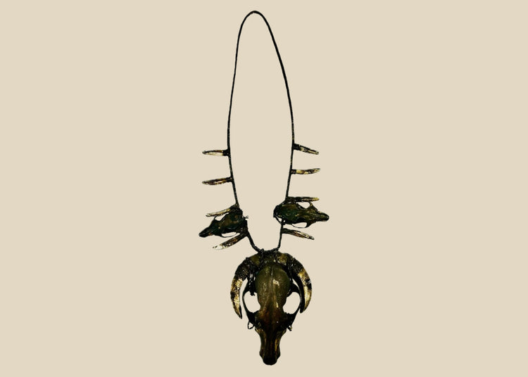 Ethnographic ceremonial necklace featuring a central wild dog skull, flanked by rodent skulls and pig teeth, strung on woven twine, used in shamanic or warrior rituals.