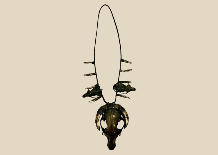 Ethnographic ceremonial necklace featuring a central wild dog skull, flanked by rodent skulls and pig teeth, strung on woven twine, used in shamanic or warrior rituals.