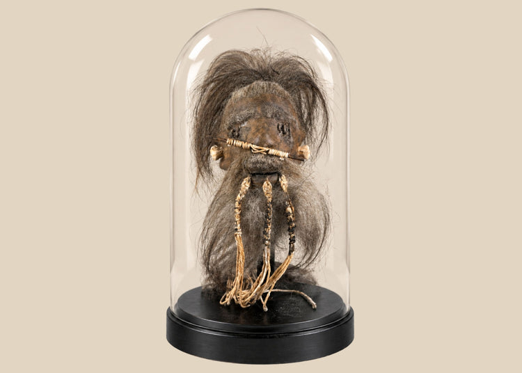 Museum-quality shrunken head replica inspired by Jivaroan tribes of the Amazon, crafted from stitched animal hide with real horse hair, detailed facial stitching, and displayed in a protective glass globe, modern creation in traditional style.