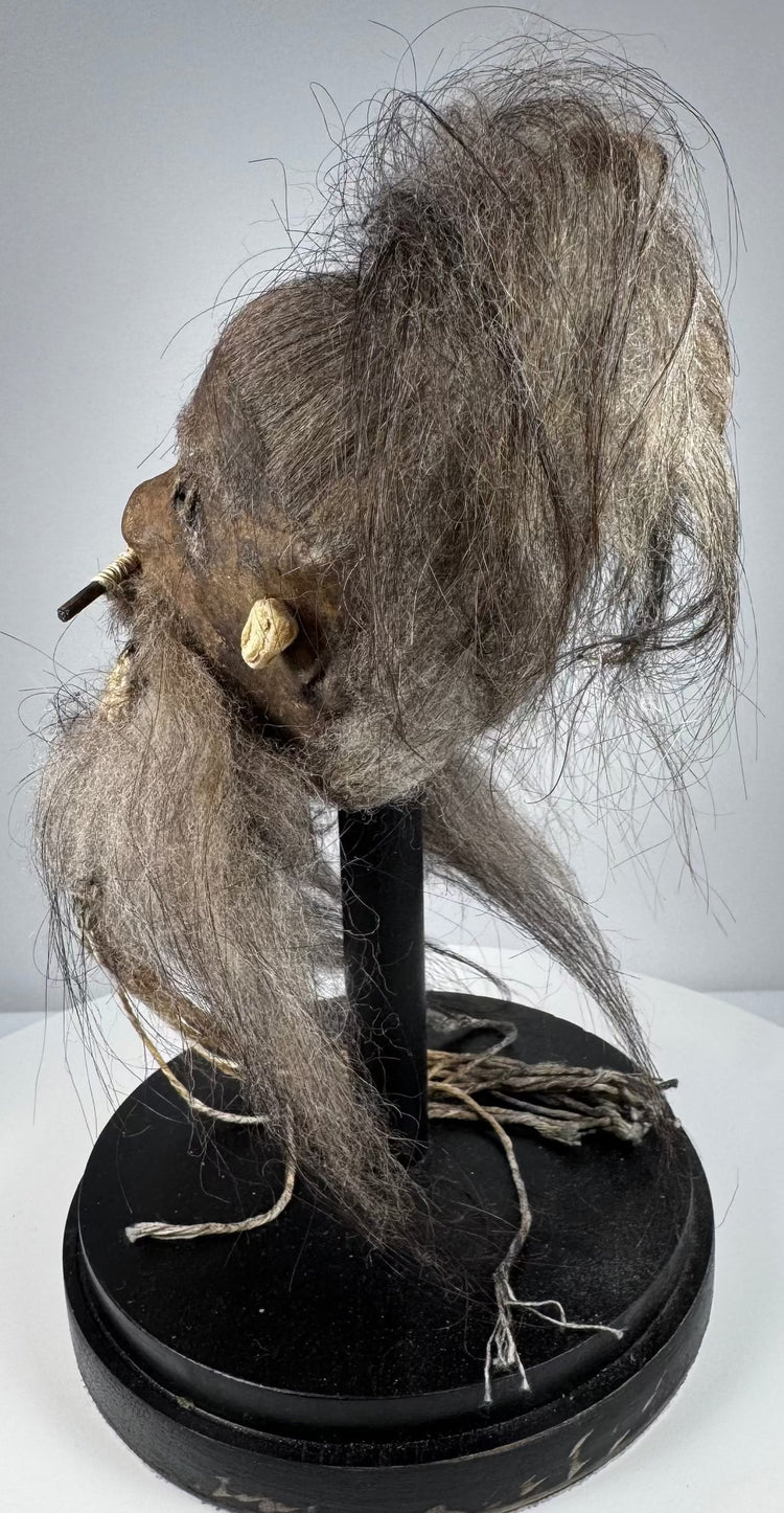 Mid-century ethnographic curiosity modeled after a Jivaroan tsantsa, with sewn facial details and natural horse hair.