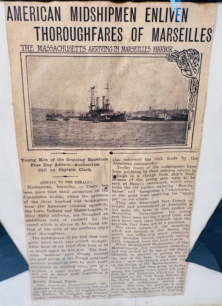 Original USS Massachusetts sailor hatband preserved with period naval documents and memorabilia