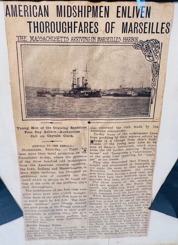 Original USS Massachusetts sailor hatband preserved with period naval documents and memorabilia