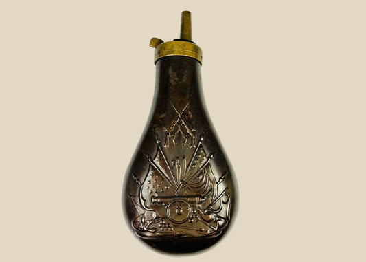 Mid-19th Century American Powder Flask, Embossed Stand of Arms, Civil War Era