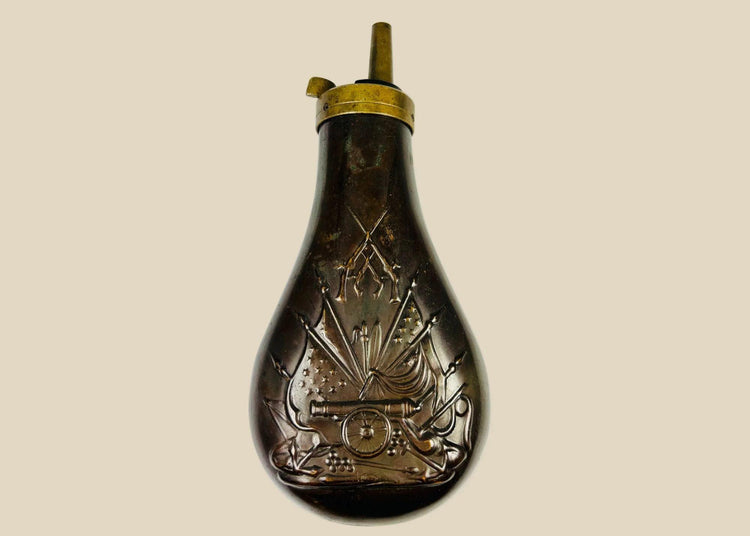 Mid-19th Century American Powder Flask, Embossed Stand of Arms, Civil War Era