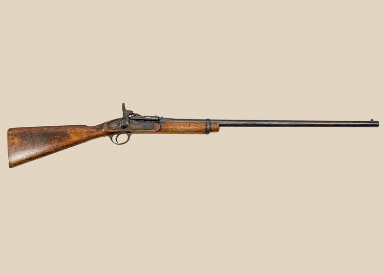 Antique British Snider-Enfield Pattern 1853 Mark II service rifle, dated 1864, breech-loading conversion, steel and brass fittings, walnut stock with Victorian-era military patina, non-firing collectible