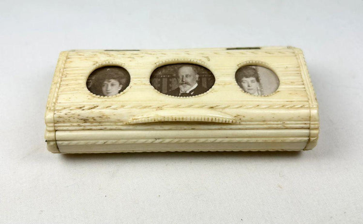19th century carved bone snuff box featuring three antique portrait photographs and brass hinges