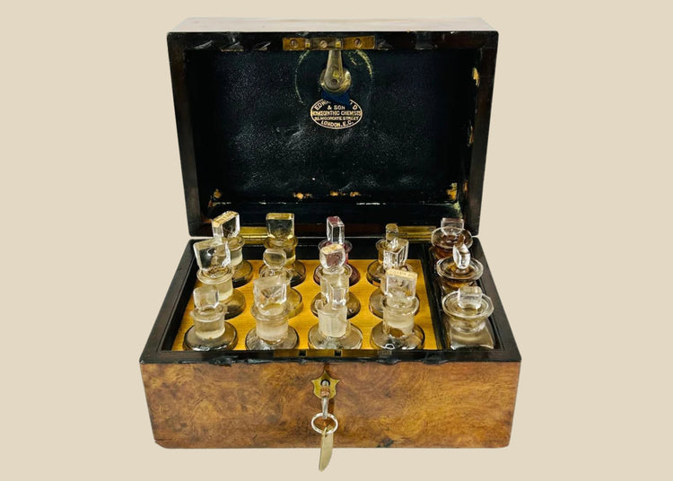 Victorian apothecary box by Edward Gould & Son, London, late 19th century. Burl wood case with brass fittings, velvet-lined interior, and twelve original labeled glass bottles with stoppers, including Arnica Montana, Belladonna, and Bryonia Alba. Reflects Victorian homeopathy, craftsmanship, and medical history.