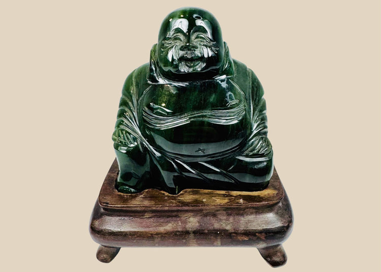 Chinese carved dark green hardstone Budai Laughing Buddha figure on fitted hardwood stand