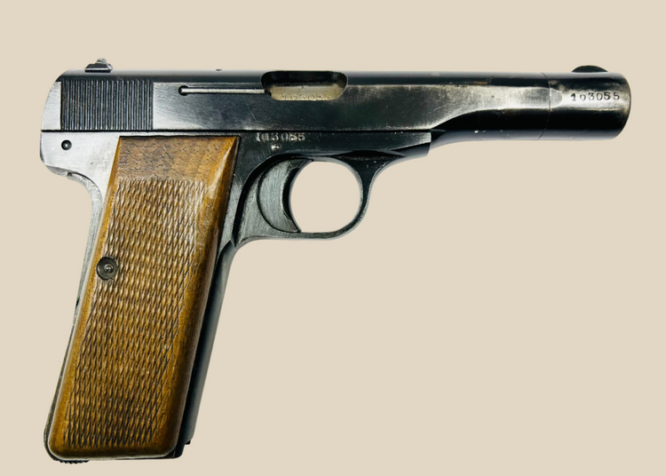 WWII-era FN Browning Model 1922 semi-automatic pistol, 7.65mm caliber, extended 114mm barrel, eight-round magazine, checkered walnut grips, German Nazi acceptance marks eagle/WaA140 and eagle/swastika, deactivated, produced 1941–1944 in Belgium