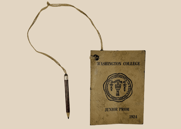 1924 Washington College Junior Prom dance card booklet with original miniature pencil attached by cord