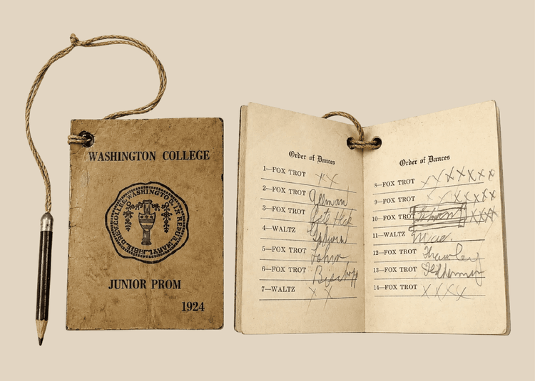 1924 Washington College Junior Prom dance card booklet with original miniature pencil attached by cord
