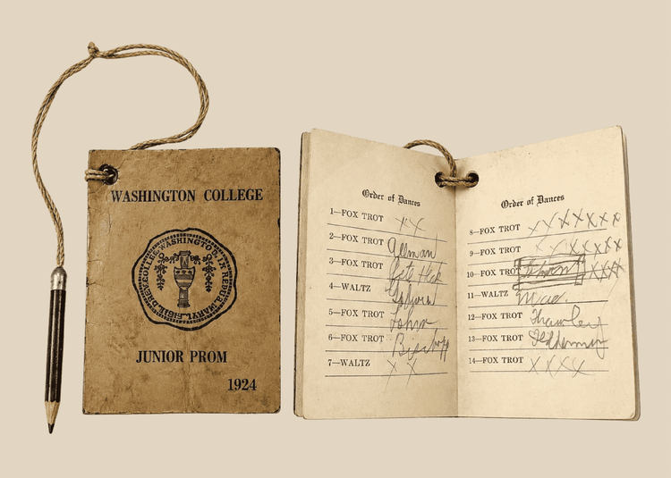 1924 Washington College Junior Prom dance card booklet with original miniature pencil attached by cord