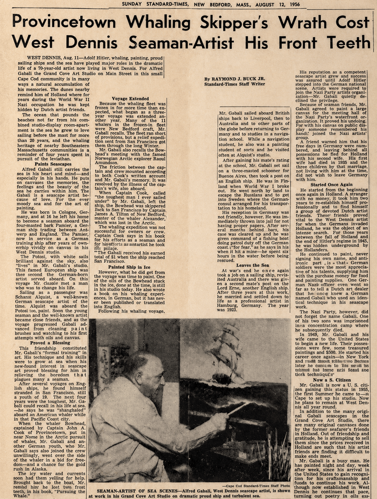 1956 Standard-Times newspaper feature about seaman-artist Alfred Gabali, shown painting a dramatic sailing ship and seascape.