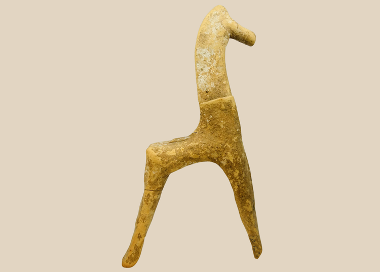 Museum-quality ancient Greek horse votive artifact mounted for display