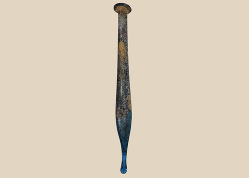 Ancient Roman blue glass candlestick unguentarium with elongated fusiform body, circa 1st–3rd Century AD