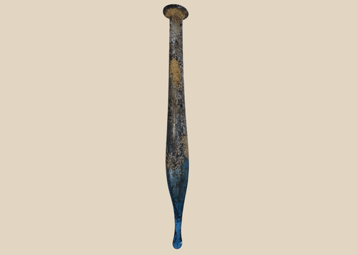 Ancient Roman blue glass candlestick unguentarium with elongated fusiform body, circa 1st–3rd Century AD