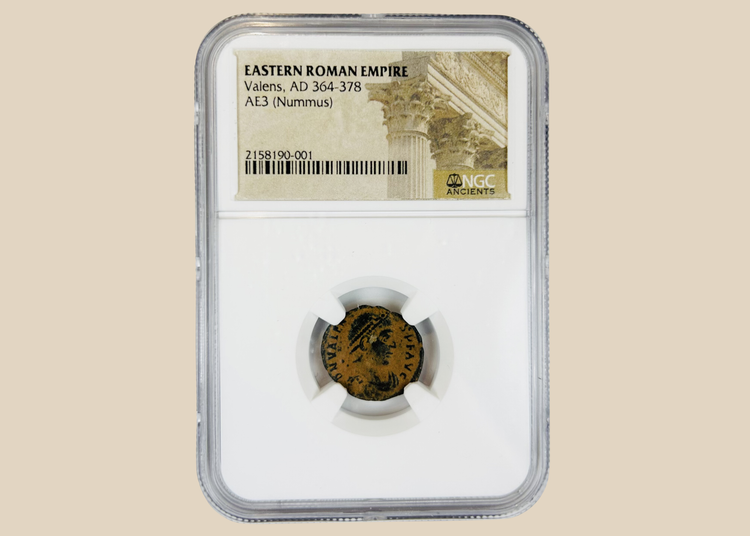 Ancient Roman bronze coin of Emperor Valens (AD 364–378) AE3 nummus authenticated and encapsulated by NGC Ancients.