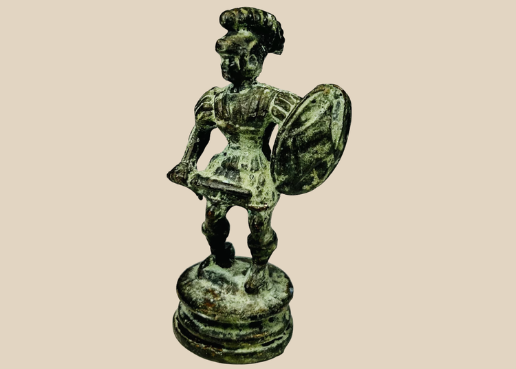 Antique bronze classical warrior figure with helmet, shield, and sword