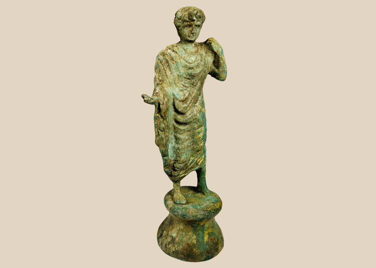 Antique neoclassical bronze draped figure sculpture with pedestal base