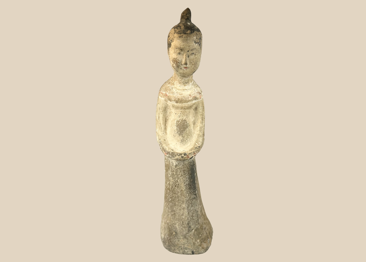 Chinese Tang style pottery attendant figure with folded hands and aged surface